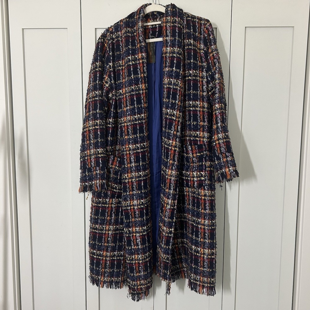 Aratta Silent Journey Coat Medium Blue Multicolor Tweed Fringed Duster Artsy